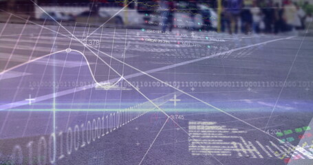 Streaming digital data overlays and binary code on urban street crosswalk with numeric percentages