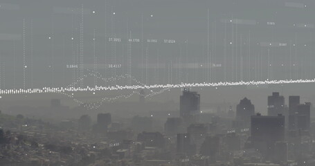Displaying white waveform overlay across hazy urban skyline from hillside overlook, numeric labels