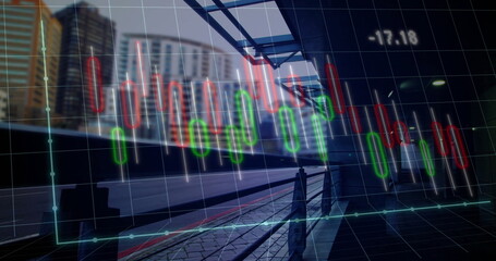 Displaying candlestick chart merging finance with urban bus stop canopy, with railings and platform