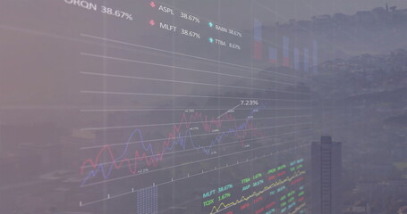 Displaying financial market charts reflecting on glass wall at office, with stock ticker labels