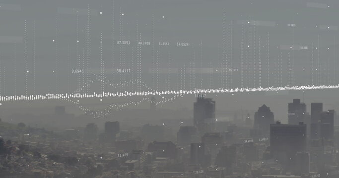 Displaying white waveform overlay across hazy urban skyline from hillside overlook, numeric labels