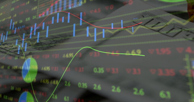 Displaying pie segments, candlesticks and line graphs with values on desk, keyboard and calculator