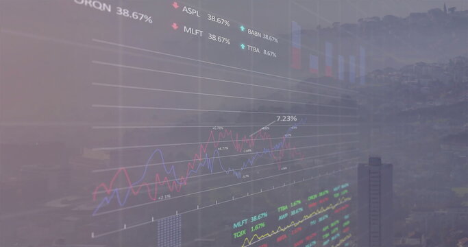 Displaying financial market charts reflecting on glass wall at office, with stock ticker labels - Powered by Adobe