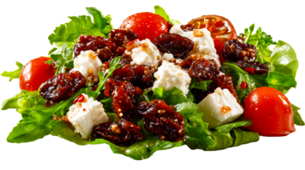 Fresh salad with cherry tomatoes, feta cheese, and dried fruits, cut out transparent