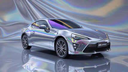 Fototapeta premium A silver car with a blue and purple design is shown metallic holographic 6