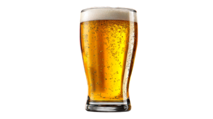 Tall glass filled with refreshing amber beer and foamy head isolated on white, cut out transparent