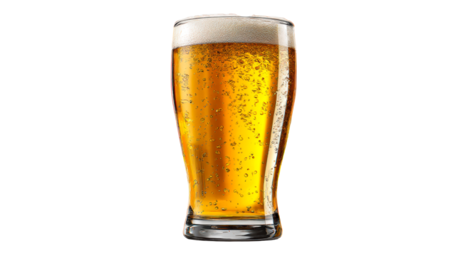 Tall glass filled with refreshing amber beer and foamy head isolated on white, cut out transparent