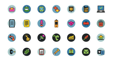 Collection of Colorful Vector Icons on Circular Backgrounds