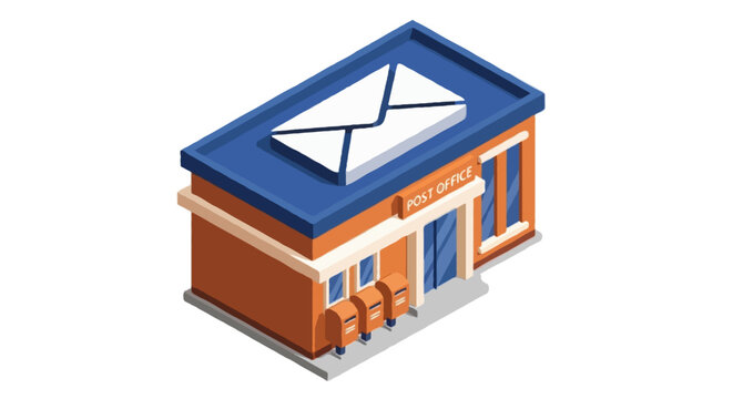Isometric 2.5D vector illustration of a post office building | Include big envelope symbol on top, package delivery boxes, flat full color, no people, no gradient, isolated on white background