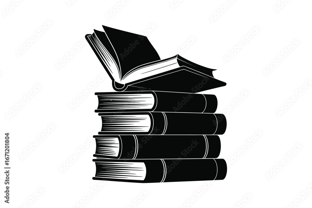 Poster Stack of vintage books with one open