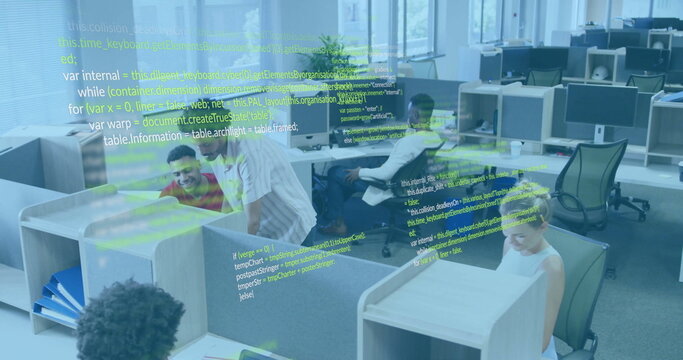 Coding software engineers typing code in open plan office, with monitors and code overlay