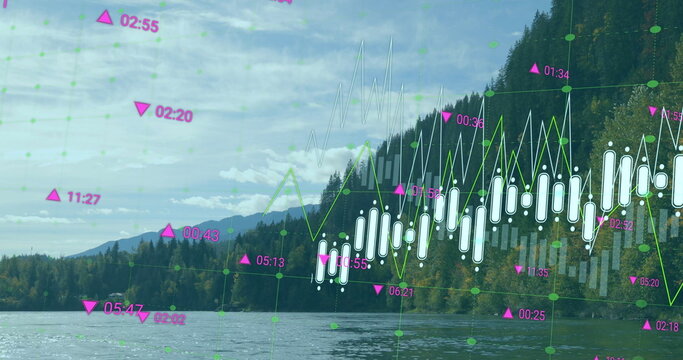 Overlaying dashboard over mountain lake showing white candlestick bars and neon green line graph
