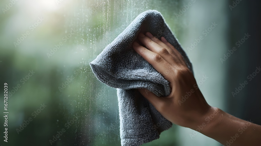 Poster cleaning a window with a damp cloth leaving a clear reflection