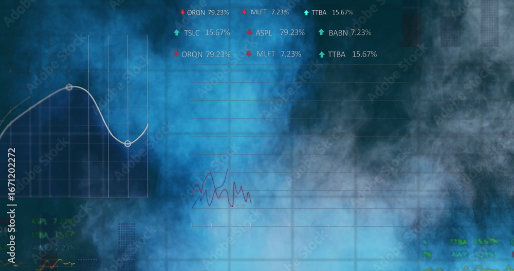Poster displaying futuristic digital dashboard in tech control room, with white line graph and smoky mist
