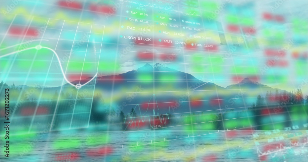 Poster displaying translucent stock market data overlay over reflective mountain lake with evergreen trees