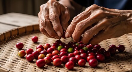 Elderly hands sorting fresh coffee cherries in Sabah, Malaysia.