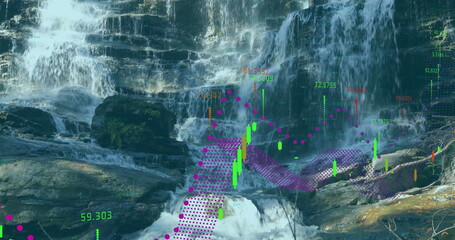 Cascading multi-tiered waterfall flowing over mossy rocks in forest, with financial chart overlays