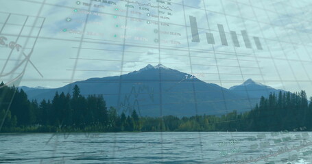 Blending snow-capped mountain peak reflecting on lake at conifer forest edge, with digital charts