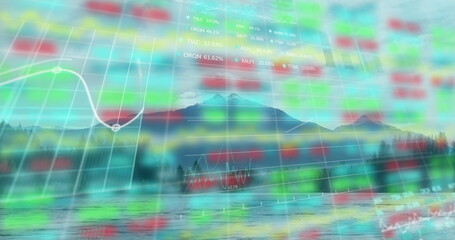 Displaying translucent stock market data overlay over reflective mountain lake with evergreen trees