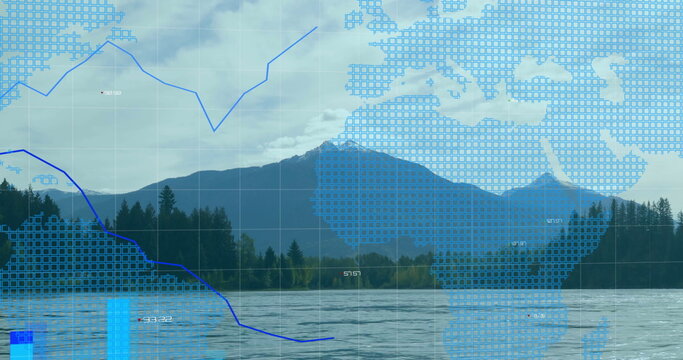 Fototapeta Mountain lake landscape presenting digital interface in valley, with grid overlay, map and charts