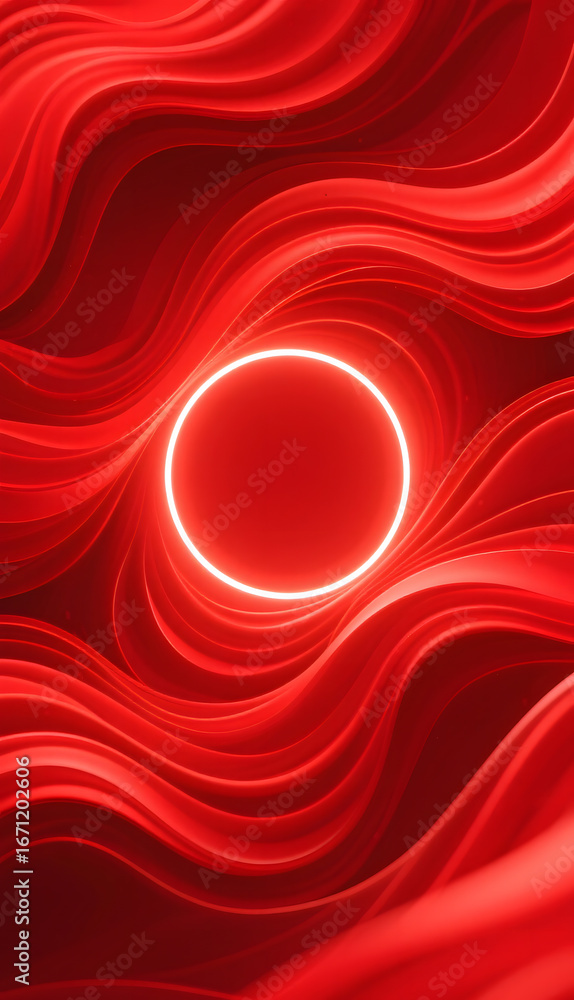 Aufkleber vibrant red abstract design with glowing circle and wavy patterns