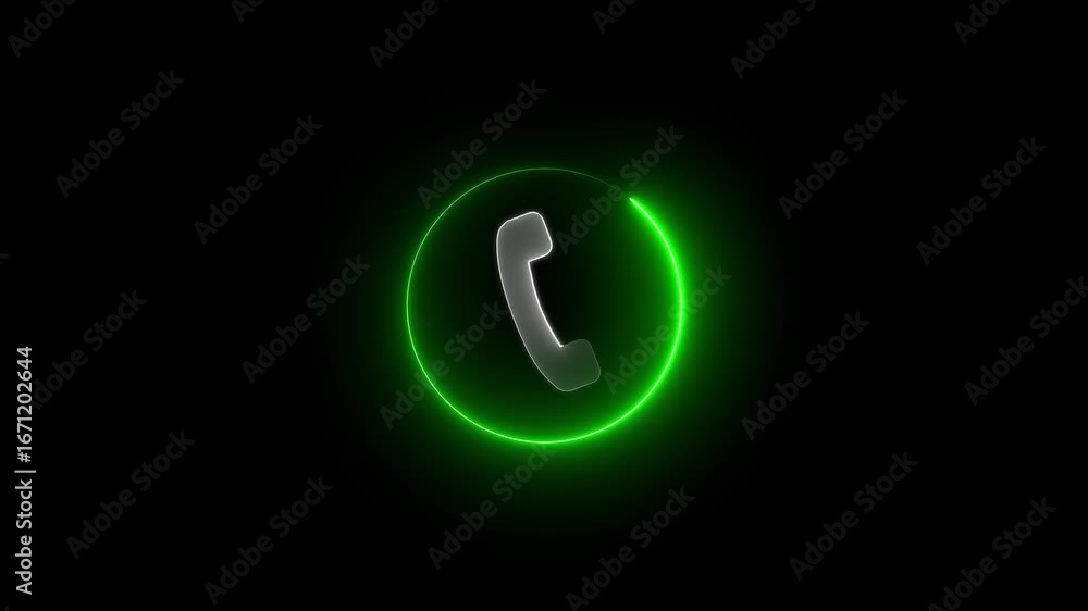 Poster glowing neon call icon animation.neon white call icon concept with circle animation on black backgro