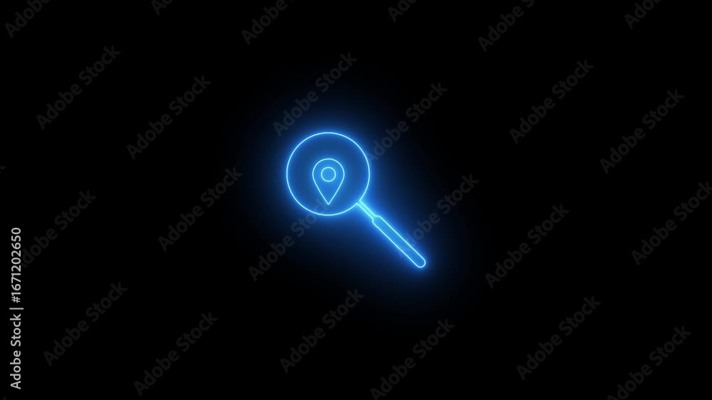 Poster glowing neon map pointer icon with magnify glass search icon animation. neon blue map pointer icon a