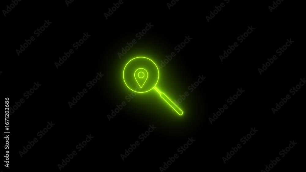 Poster glowing neon map pointer icon with magnify glass search icon animation. neon green map pointer icon 