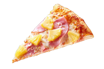Pizza slice, triangular, topped with ham, pineapple, and cheese
