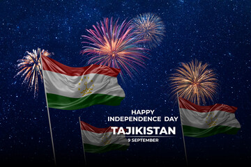 National flags of Tajikistan in night sky with stars and fireworks