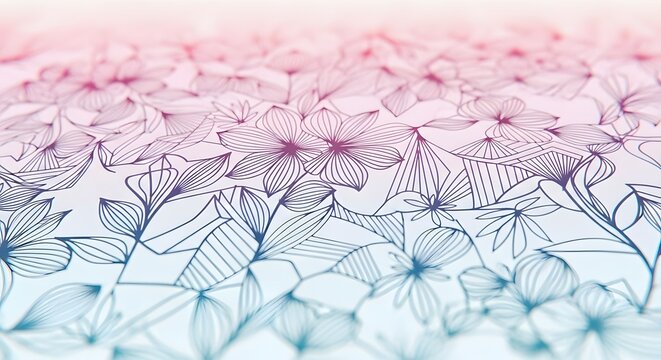 Intricate line art floral pattern with a soft pink to blue gradient background, creating a delicate and artistic design. - Powered by Adobe