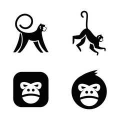 Set of Stylized Monkey and Ape Logos in Black and White: Graphic Primate Silhouettes for Design