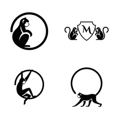 Monkey and Ape Logo Designs Set: Black and White Primate Animal Symbols with Circular and Shield Motifs