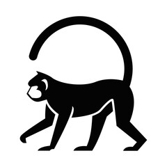 Black Monkey Silhouette with Curved Tail. Stylized Primate Icon on White Background.