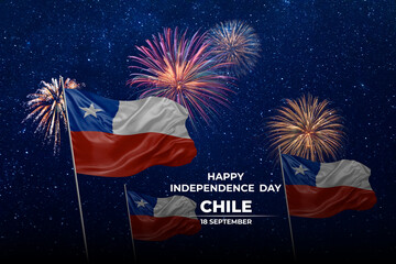 National flags of Chile in night sky with stars and fireworks
