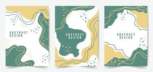 Abstract organic backgrounds. Wavy shape, spiral, line, dots. Vector set of vertical backgrounds in trendy style with copy space for text. Minimalist modern contour drawing. Luxury template layout 