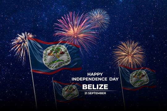National flags of Belize in night sky with stars and fireworks