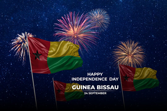 National flags of Guinea Bissau in night sky with stars and fireworks