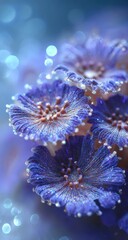 Close-up of intricate,  purple-blue flowers.  Delicate,  faceted petals.  Bokeh background