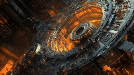 Obraz premium Intricate, dark-grey metallic circular mechanism with glowing orange inner workings, 