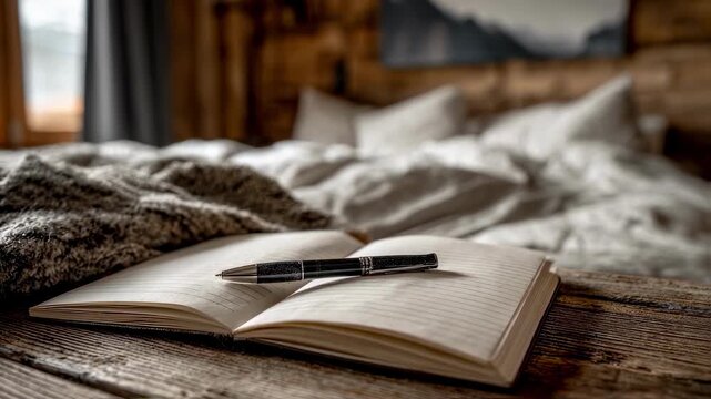 Focused view on a sleep journal and pen on a rustic wooden desk by the bed emphasizing winddown habits with the bedroom wall art blurred behind.