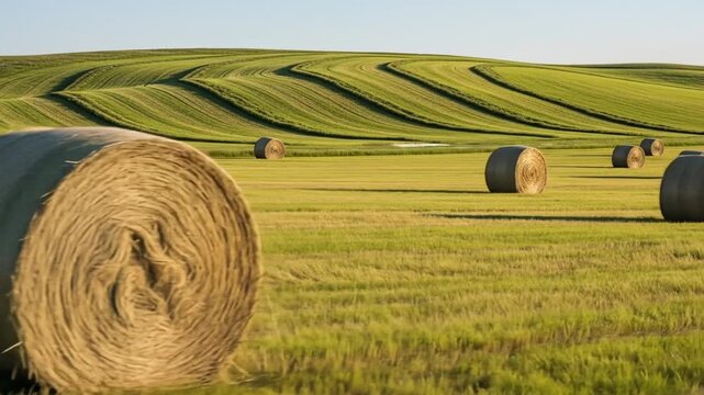 Golden Hay Bales Scattered Across Green Field Under Soft Sunlight on Rolling Hills Landscape in Rural Setting
