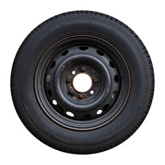 White background showing an isolated black automobile tire with a shiny aluminum rim