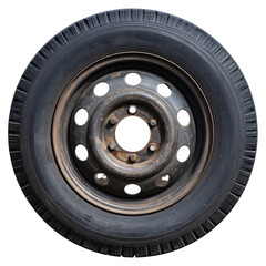 Fototapeta premium White background showing an isolated black automobile tire with a shiny aluminum rim