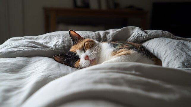 Calico Cat Sleeping Peacefully on Soft Grey Bedding - Powered by Adobe