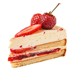 A slice of layered cake, adorned with fresh strawberries