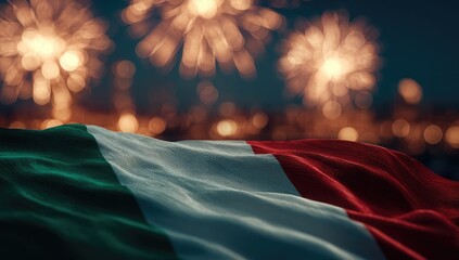 Italian flag billowing in the night, with fireworks in the background