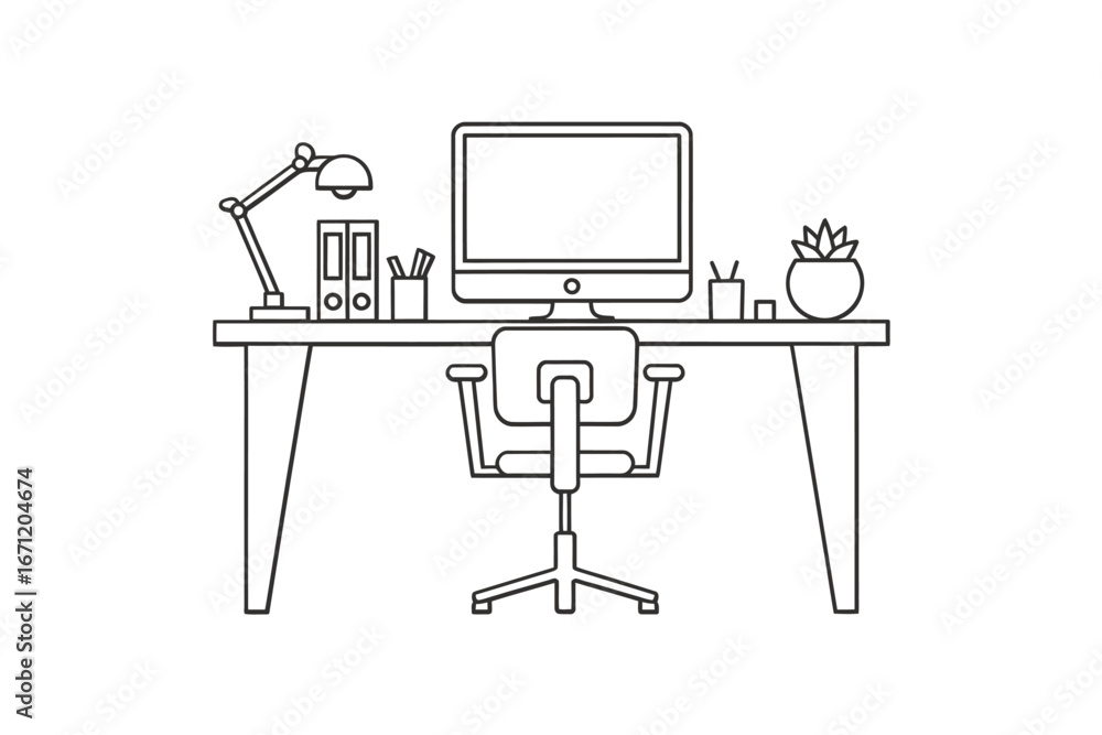 Aufkleber simple line drawing of a modern desk setup with computer and chair