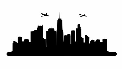 Obraz premium Silhouette of a city skyline with skyscrapers and two airplanes flying above the buildings at daytime