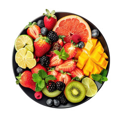 Vibrant array of fresh fruit slices on a dark plate.  A mix of juicy berries, citrus, and tropical fruits are artfully arranged in a colorful medley.  Fresh mint leaves accent the display